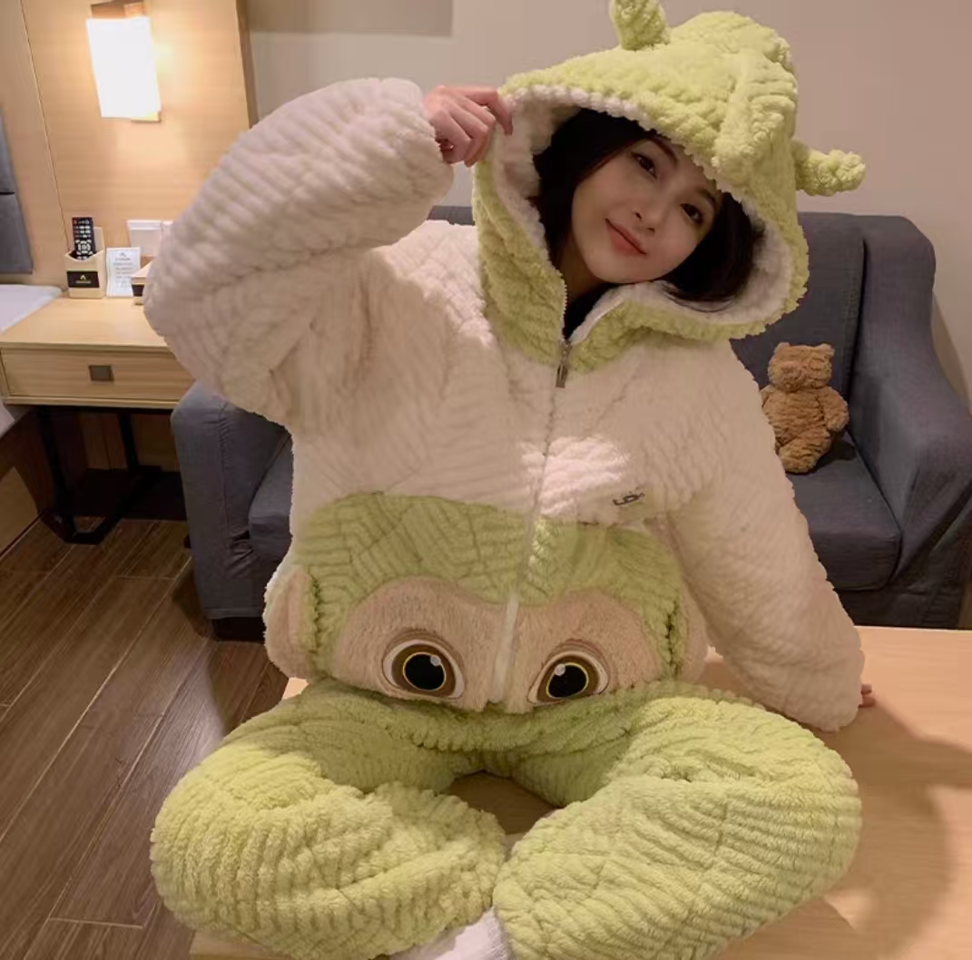 1993款可爱珊瑚绒睡衣家居服套装加厚保暖连帽卡通家居服Y