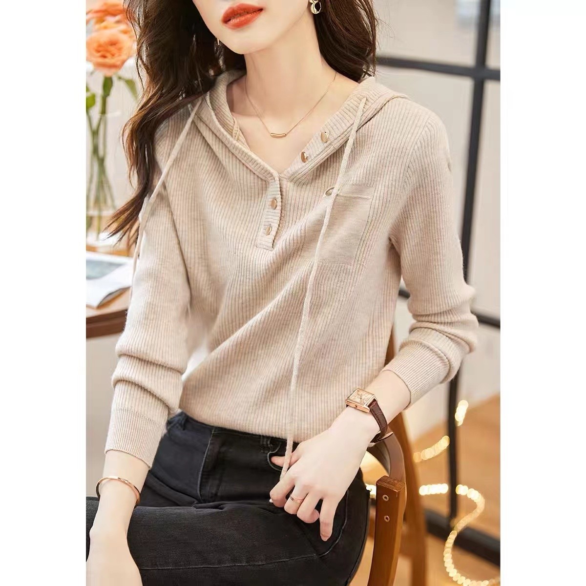 038#连帽衫针织衫女士毛衣秋装新款韩版宽松套头长1824