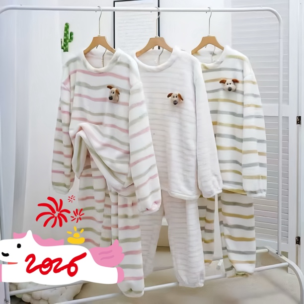 琦彩花加绒加厚珊瑚绒套装女款秋冬睡衣保暖家居服