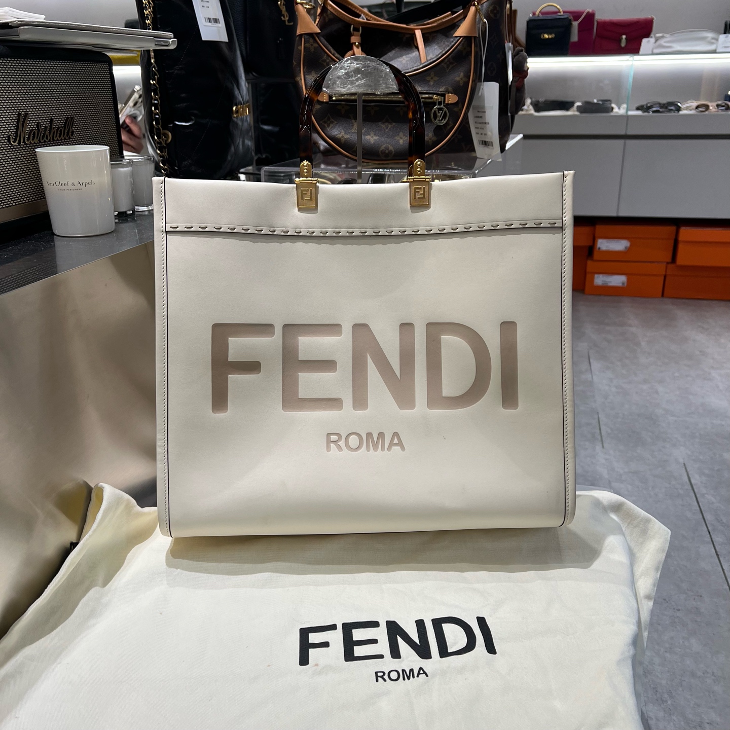 99新 FENDI/芬迪 sunshine 阳光白金托特包tote 大号 玳瑁色提手