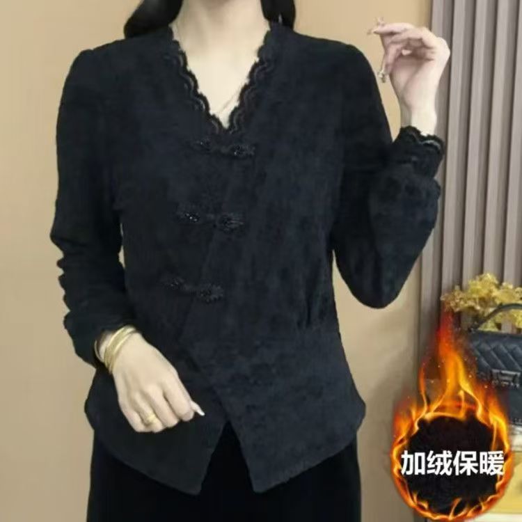 秋冬季新款百搭简约显瘦V领长袖植绒蕾丝盘扣加绒上衣