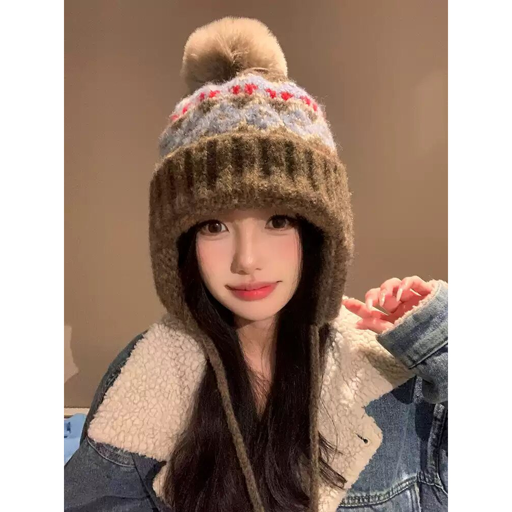 费尔岛帽子女秋冬季加厚绒保暖护耳显脸小毛线防寒针织雷锋帽FFF