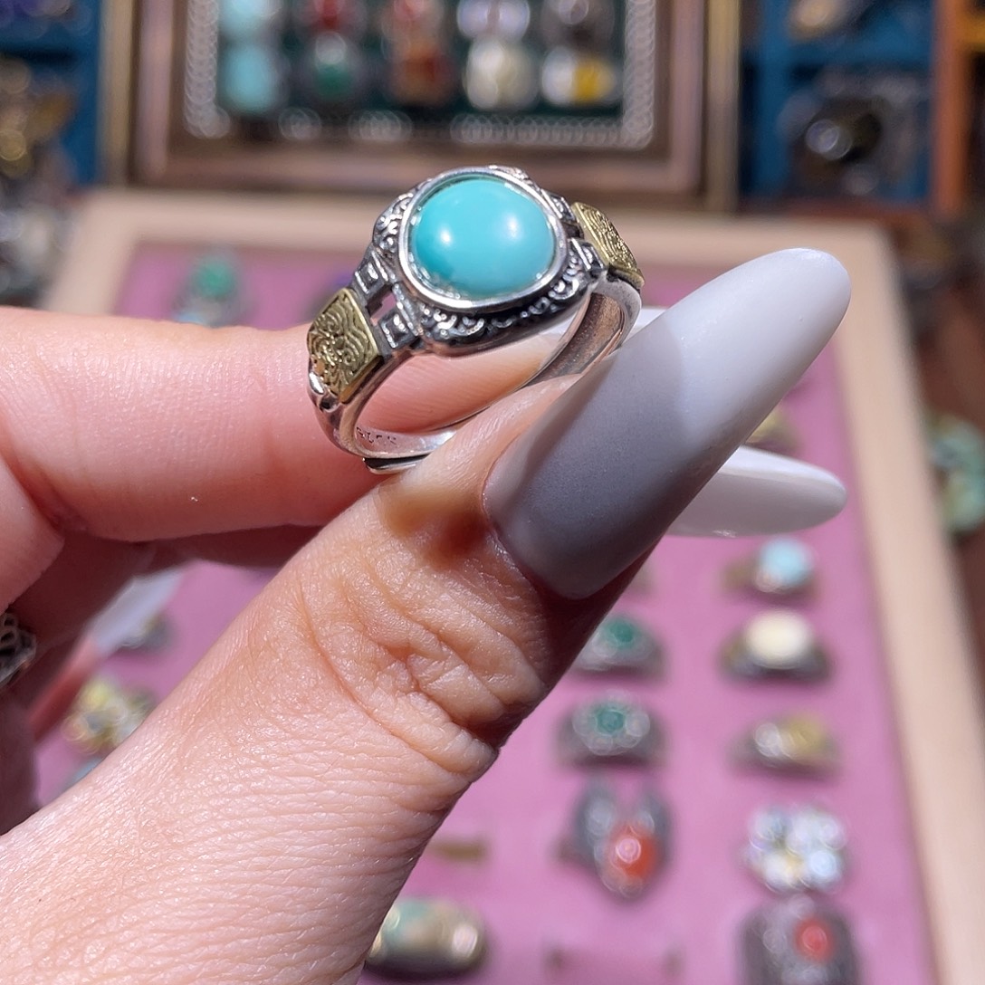 依***恋绿松石银S925镶嵌戒指