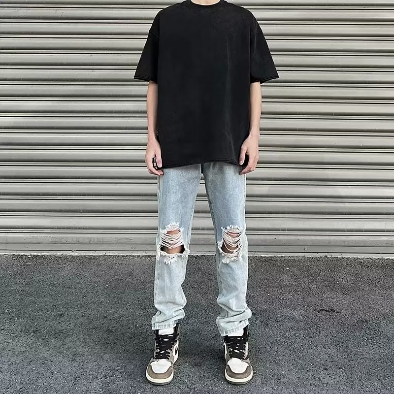 K02破洞牛仔裤男款美式高街vibe宽松直筒裤潮牌休闲长裤潮流