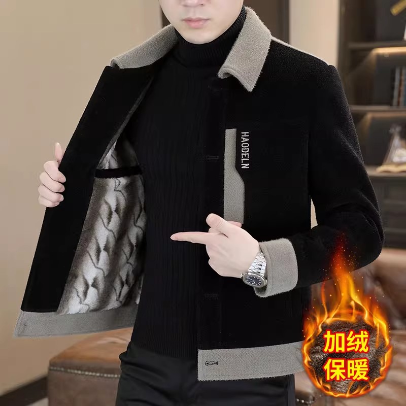 2025年新款男士毛呢外套高级感休闲翻领呢子大衣潮流拼接男装