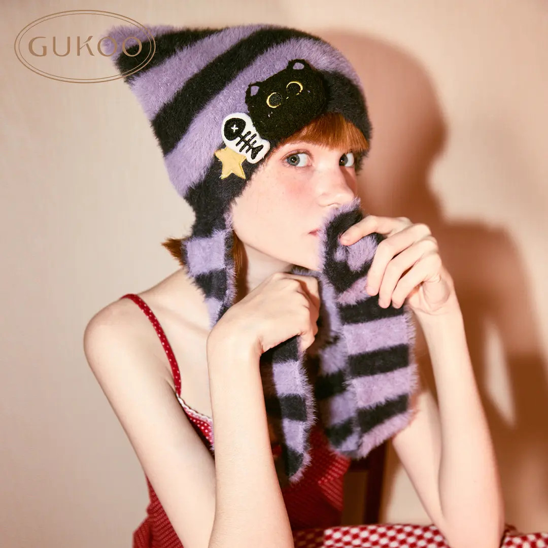 【Gukoo果壳】冬季毛绒保暖帽子冬天女士日系编织小猫百搭毛线帽