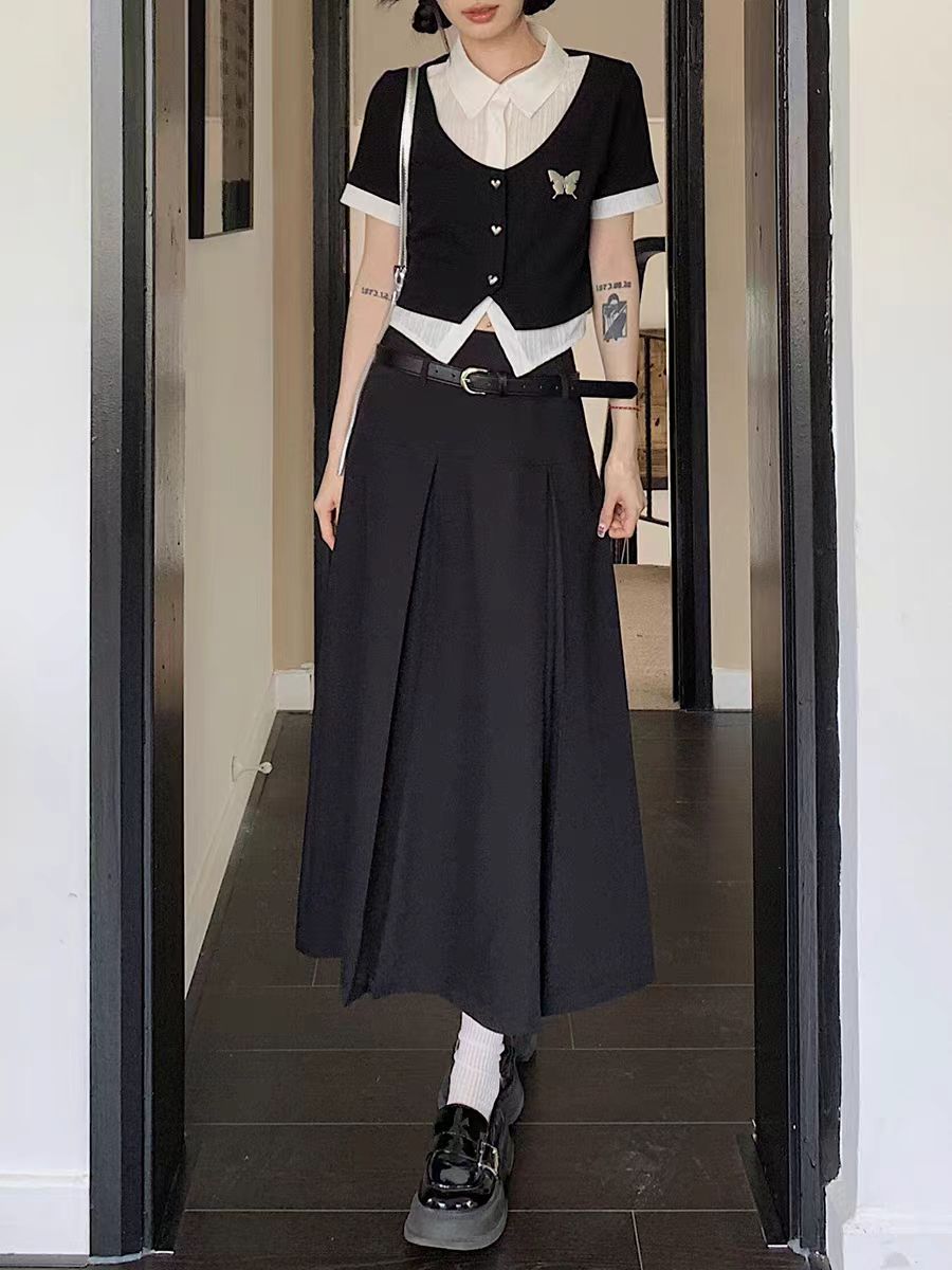 【不乖学院】辣妹学院风校园风套装女夏季假两件短袖+长裙两件套