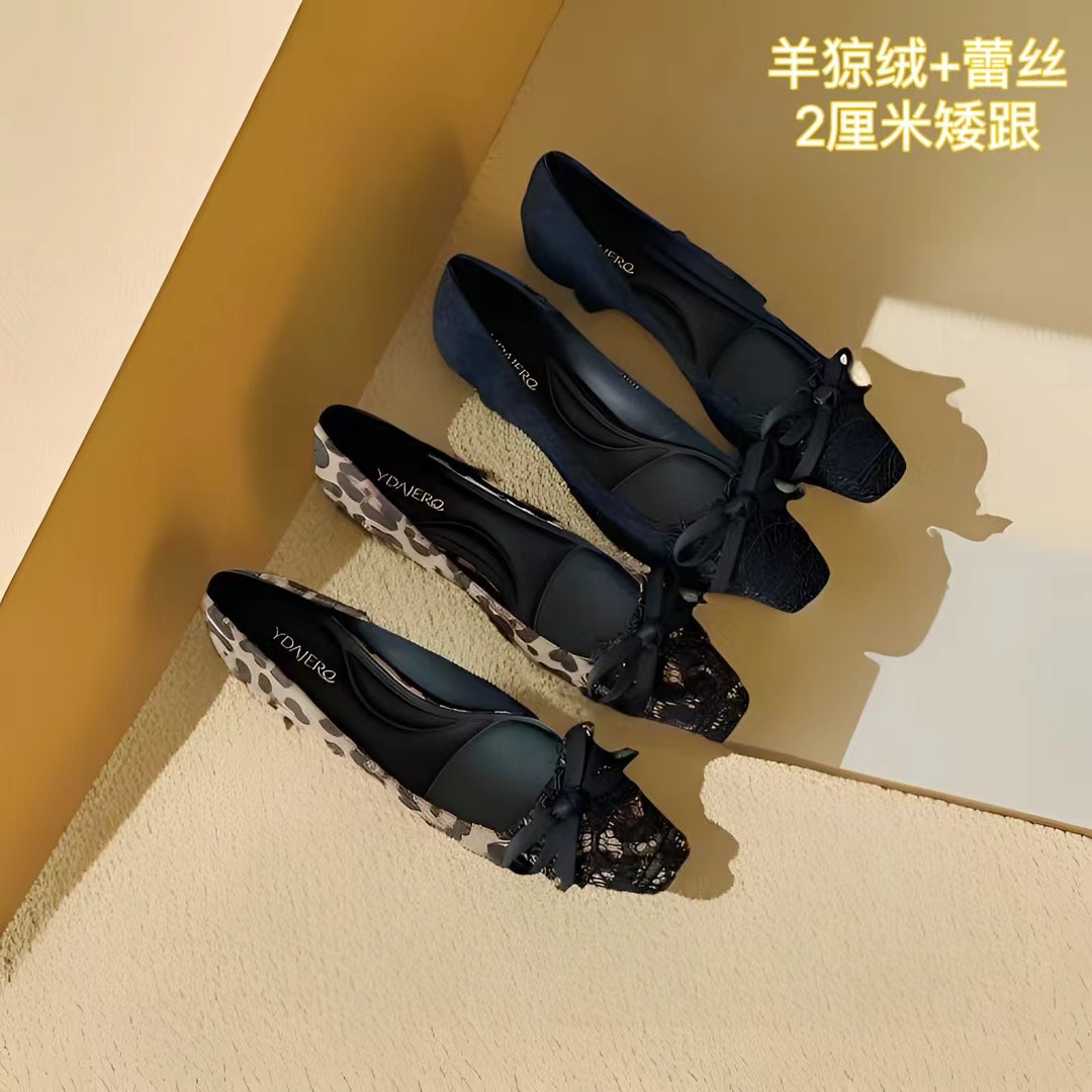 2厘米舒适低化单鞋豹纹尖头时尚一脚蹬方头软底蕾丝浅口26D098