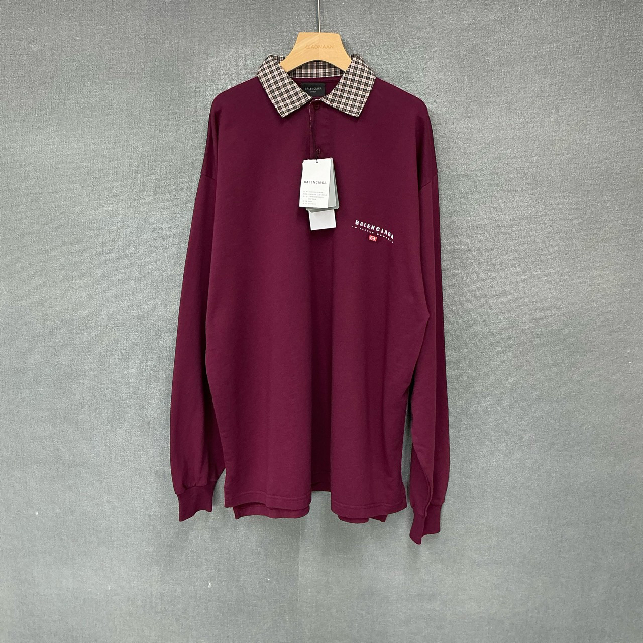 未使用 Balenciaga/巴黎世家 格纹拼接polo领长袖带吊1码/7752