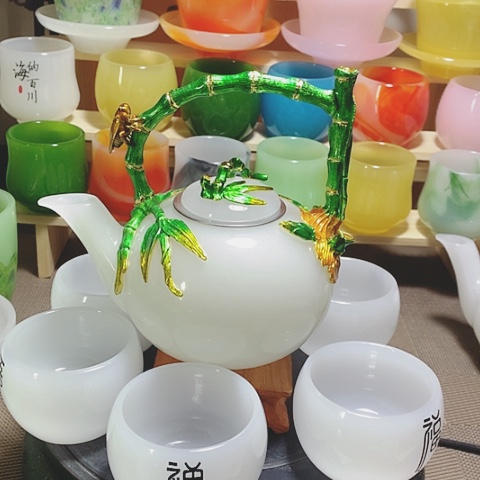 羊脂玉瓷琉璃中式高档提梁壶套装一壶六杯礼盒装