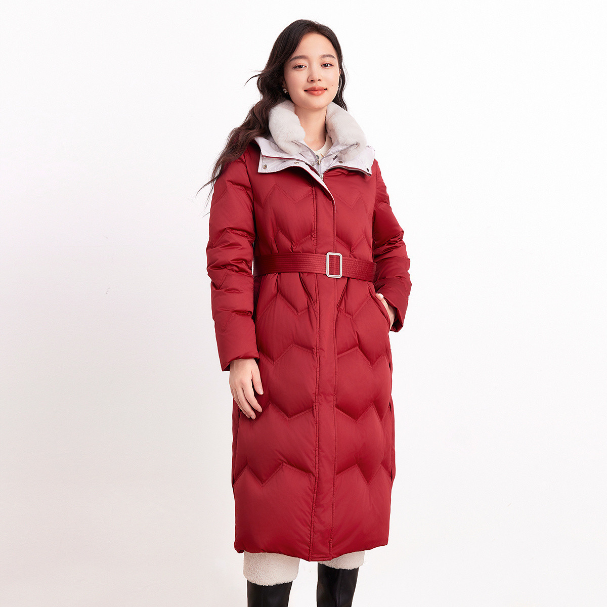 【晨粉专享价】珂莱蒂尔白鹅绒冷极兔毛毛领加绒轻羽绒服外套上衣