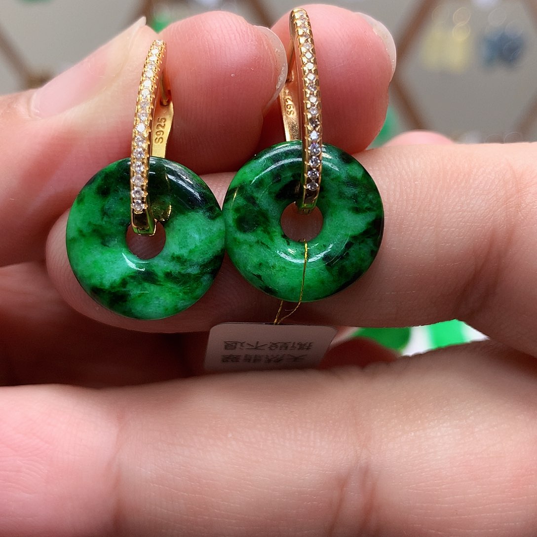 银S925镶嵌翡翠耳饰天然翡翠耳饰