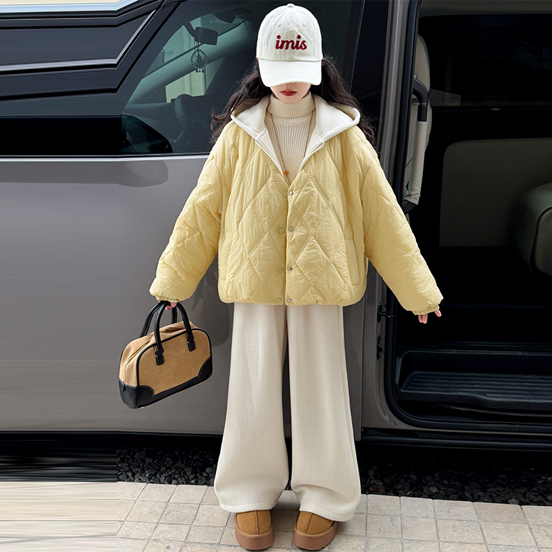 女童韩系加厚立领棉服冬季新款格纹拼接百搭保暖棉袄面包服外套潮