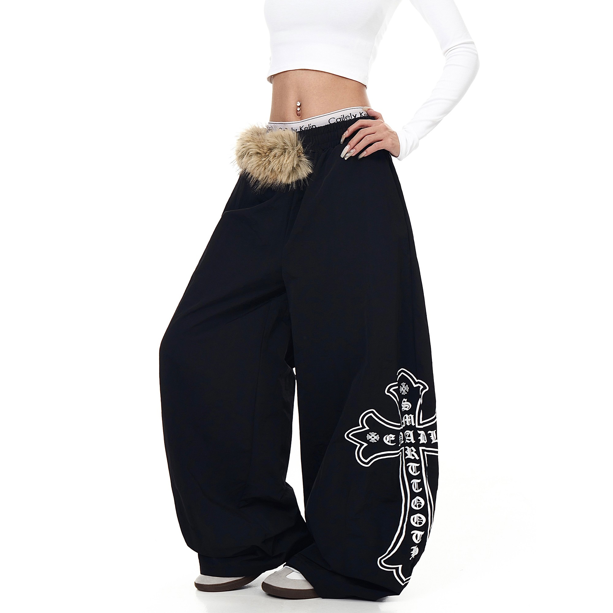 Y-C美式复古毛领拼接加绒弯刀伞兵裤男女爵士舞宽松阔腿裤