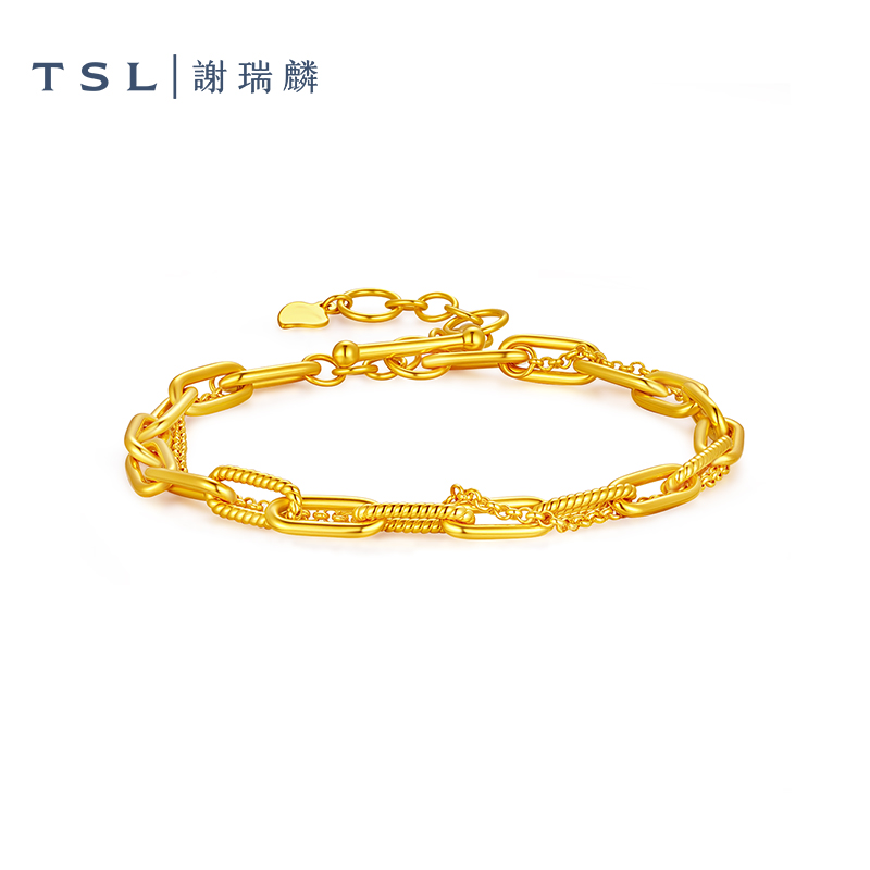 TSL/谢瑞麟计价足金5D双链OT扣手链轻奢黄金手链送女友节日礼物