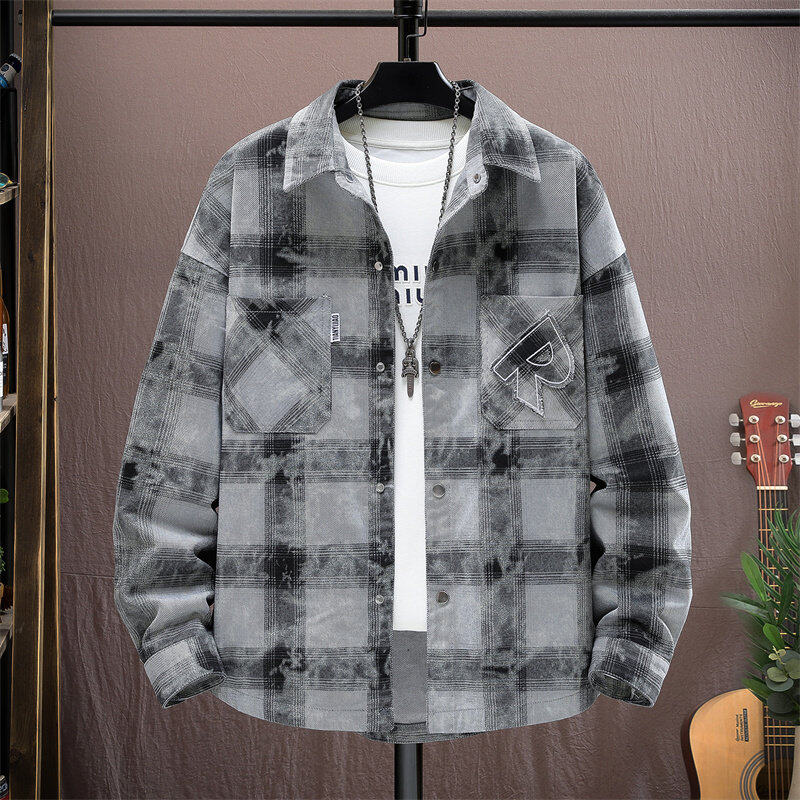 春秋款棉质翻领牛仔外套男士学生潮流衣服青少年酷帅格子衬衫5808
