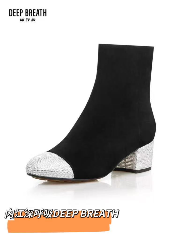 女士秋冬新款气质短筒小香风中跟圆头时尚复古短靴女靴AX15215