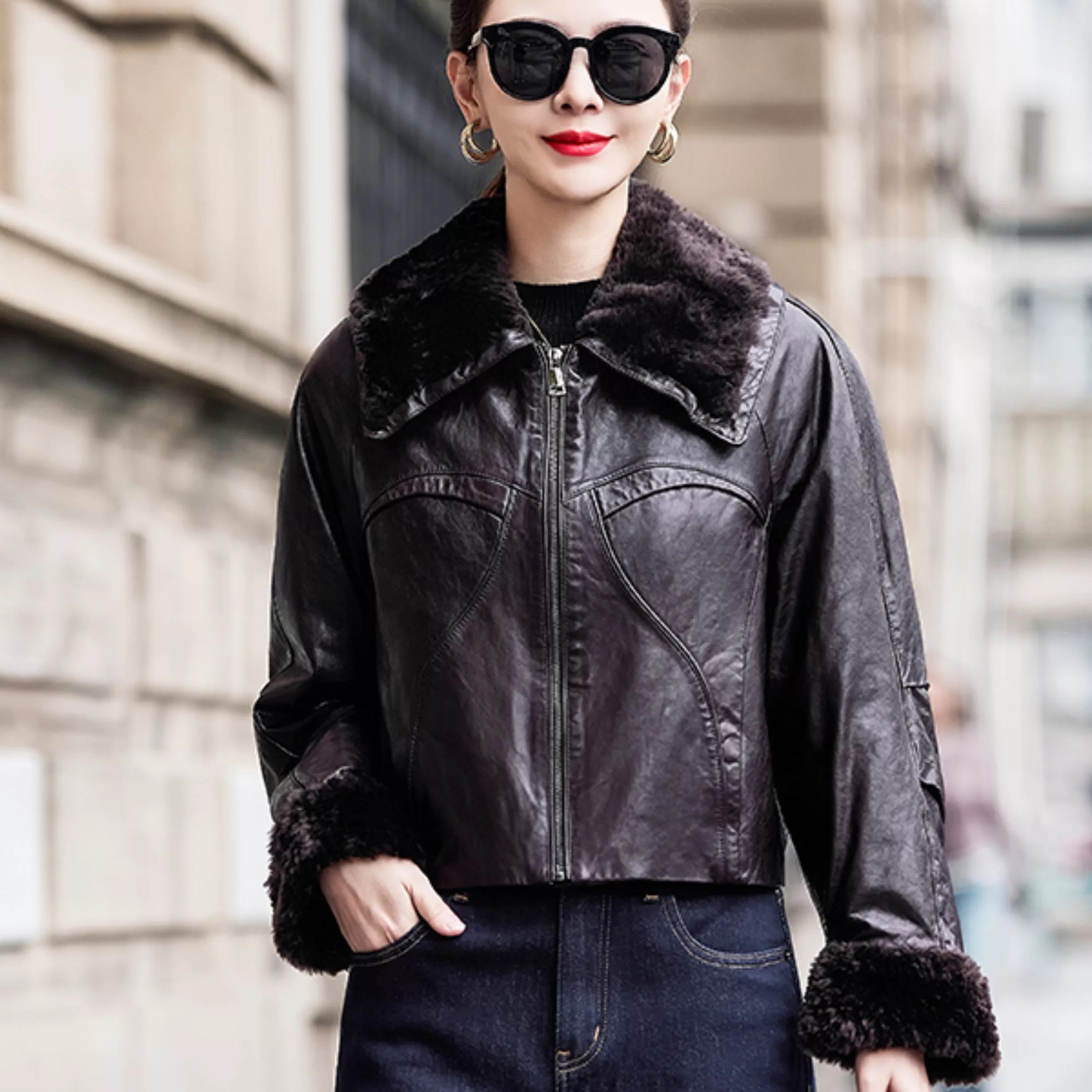 冬季皮衣女短款毛领保暖洋气外套