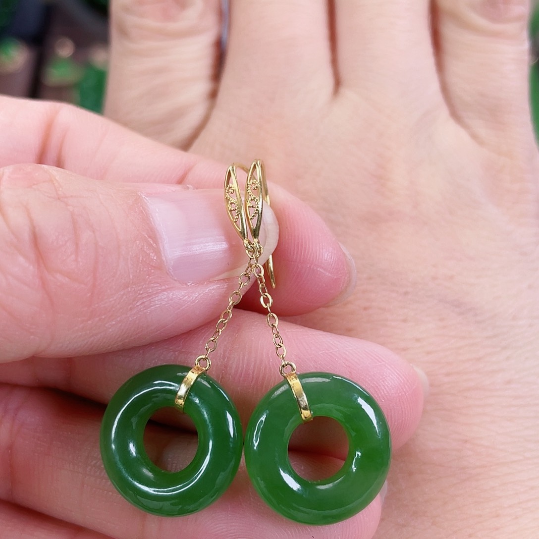 和田玉（碧玉）耳饰18K金镶嵌甜甜圈耳坠
