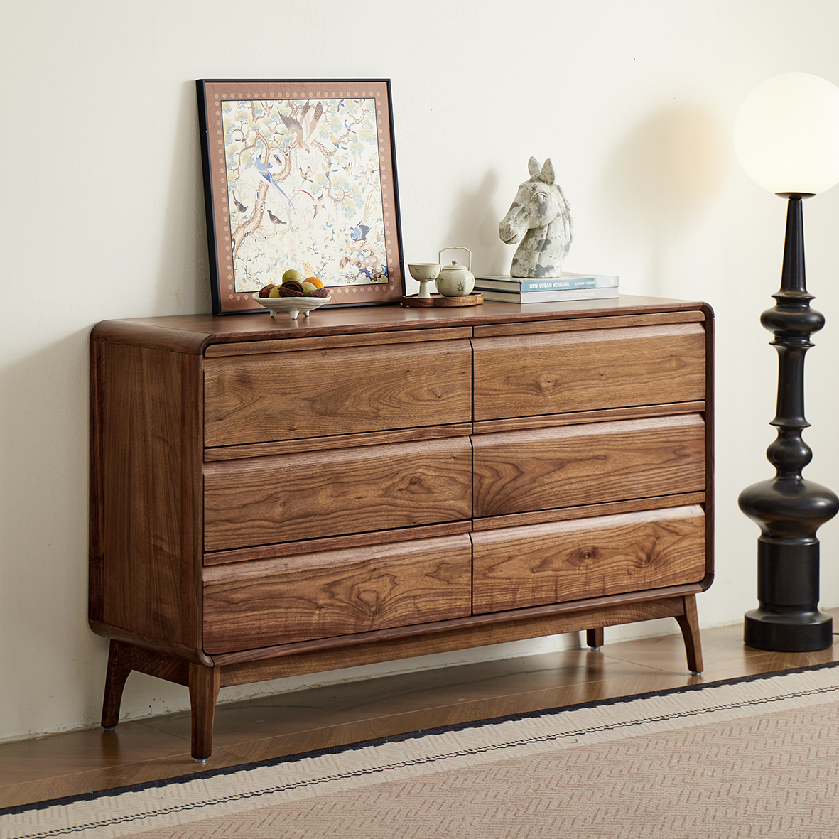 中意辰北美黑胡桃木实木六斗柜家用简约客厅中古风卧室床边柜