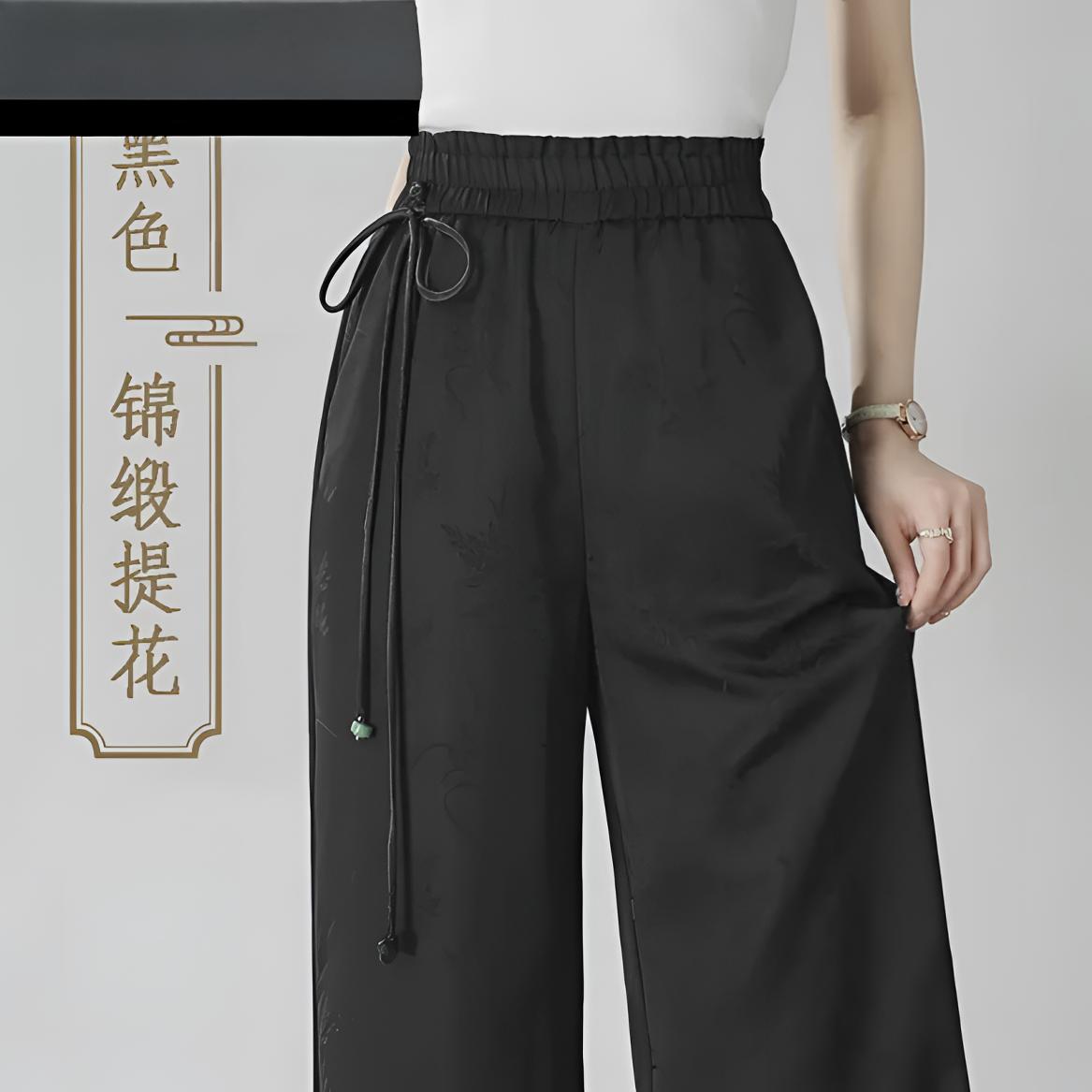 【简素】国风提花直筒裤女2025春款新品高腰盘扣流苏缎面垂感裤休闲