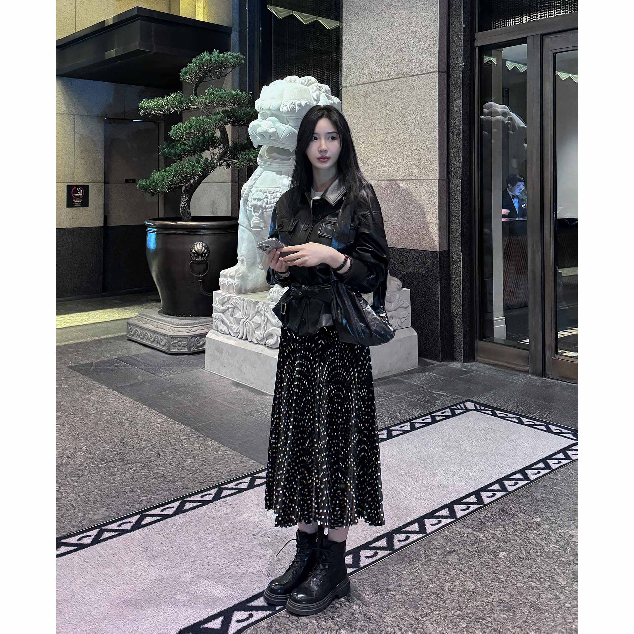 菠萝宝宝yuna【婉君】YC7 气质黑白波点重工优雅女半身长裙