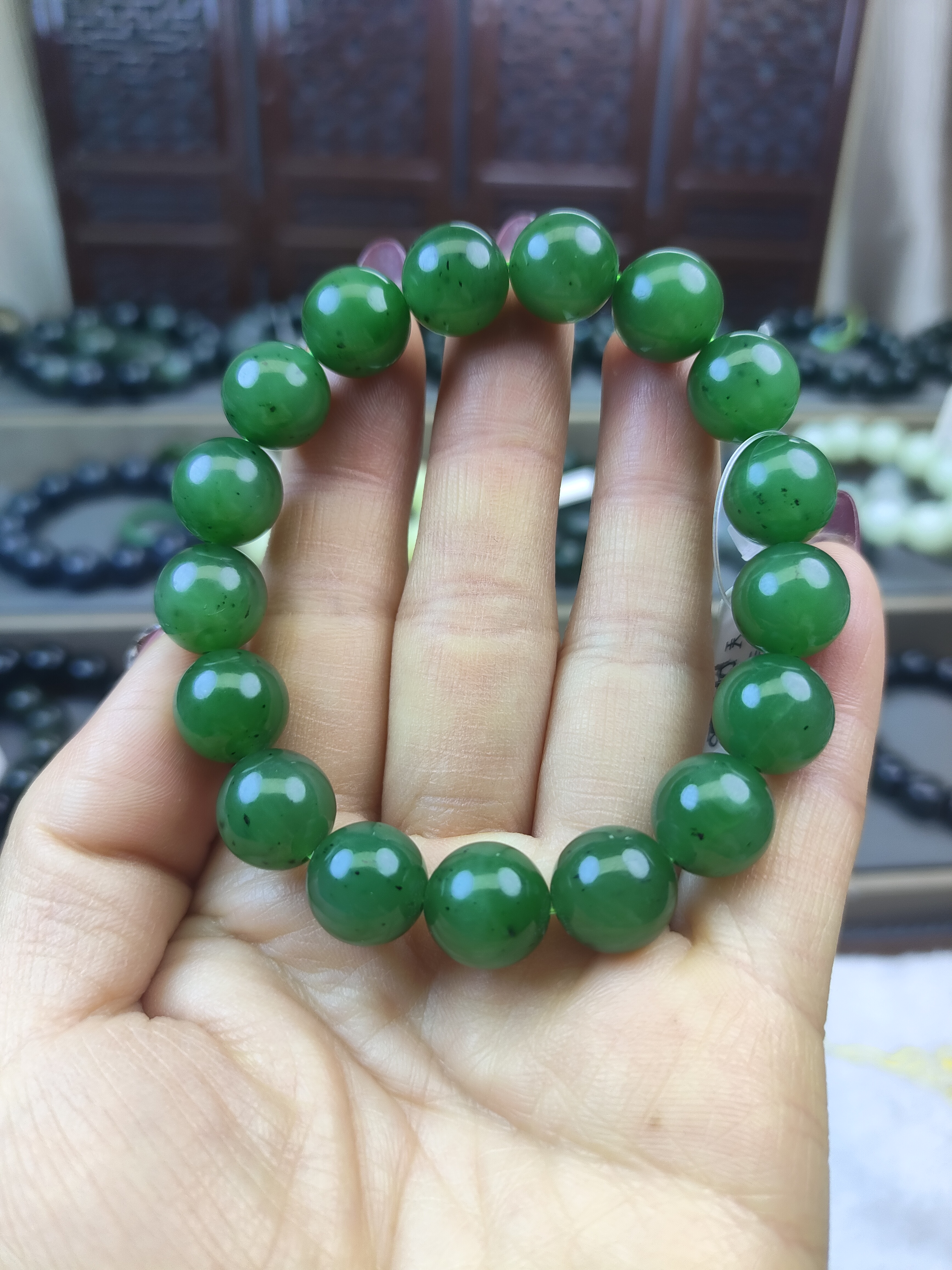 天然和田玉俄罗斯碧玉辣绿色圆珠12mm手串手链