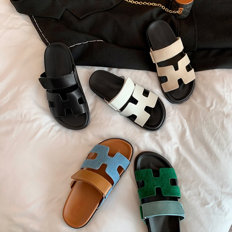 真皮版~厚底拼色H二舅拖鞋情侣款真皮一字拖圆头魔术贴露趾凉鞋女