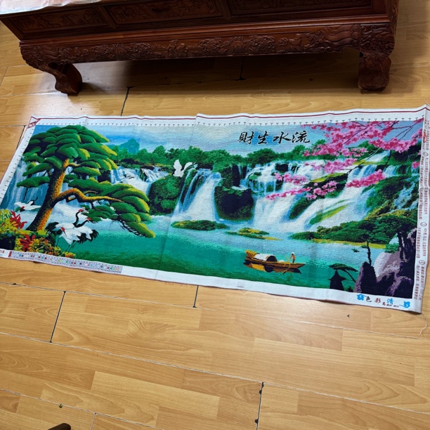 纯手工十字绣成品人工绣好的图183乘72迎客松流水生财山水风景