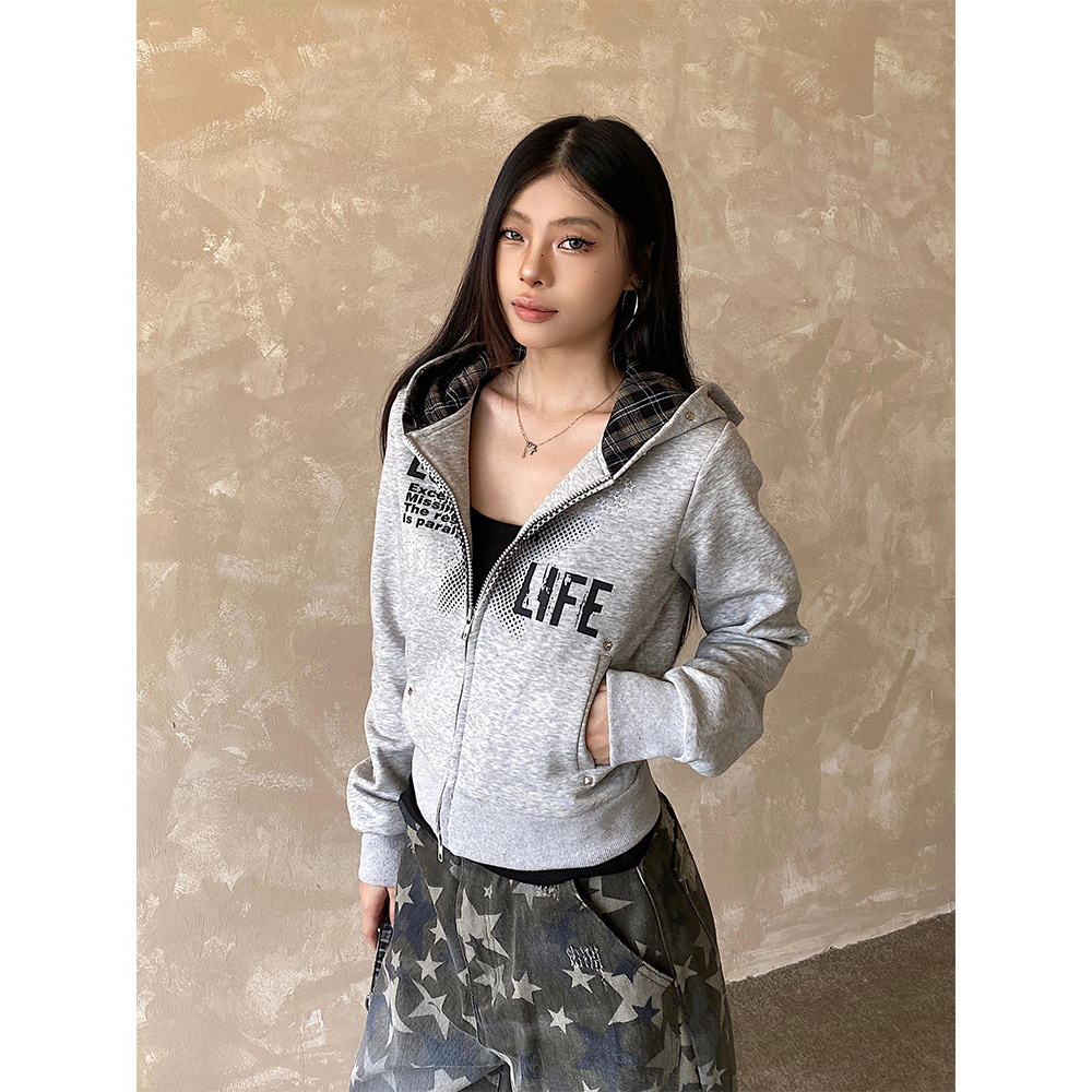 NOWANDHERE美式复古格子拼接连帽卫衣女铆钉工艺轻亚短款外套潮