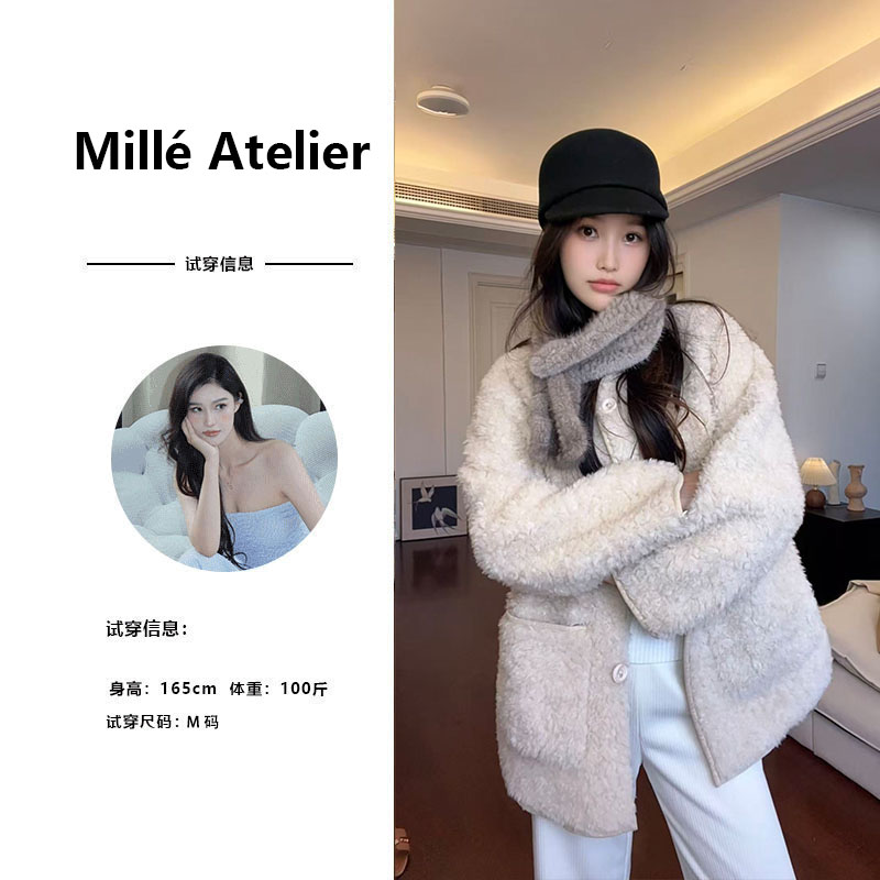 【米儿】新款冬季宽松简约时尚休闲女士羊毛外套2676