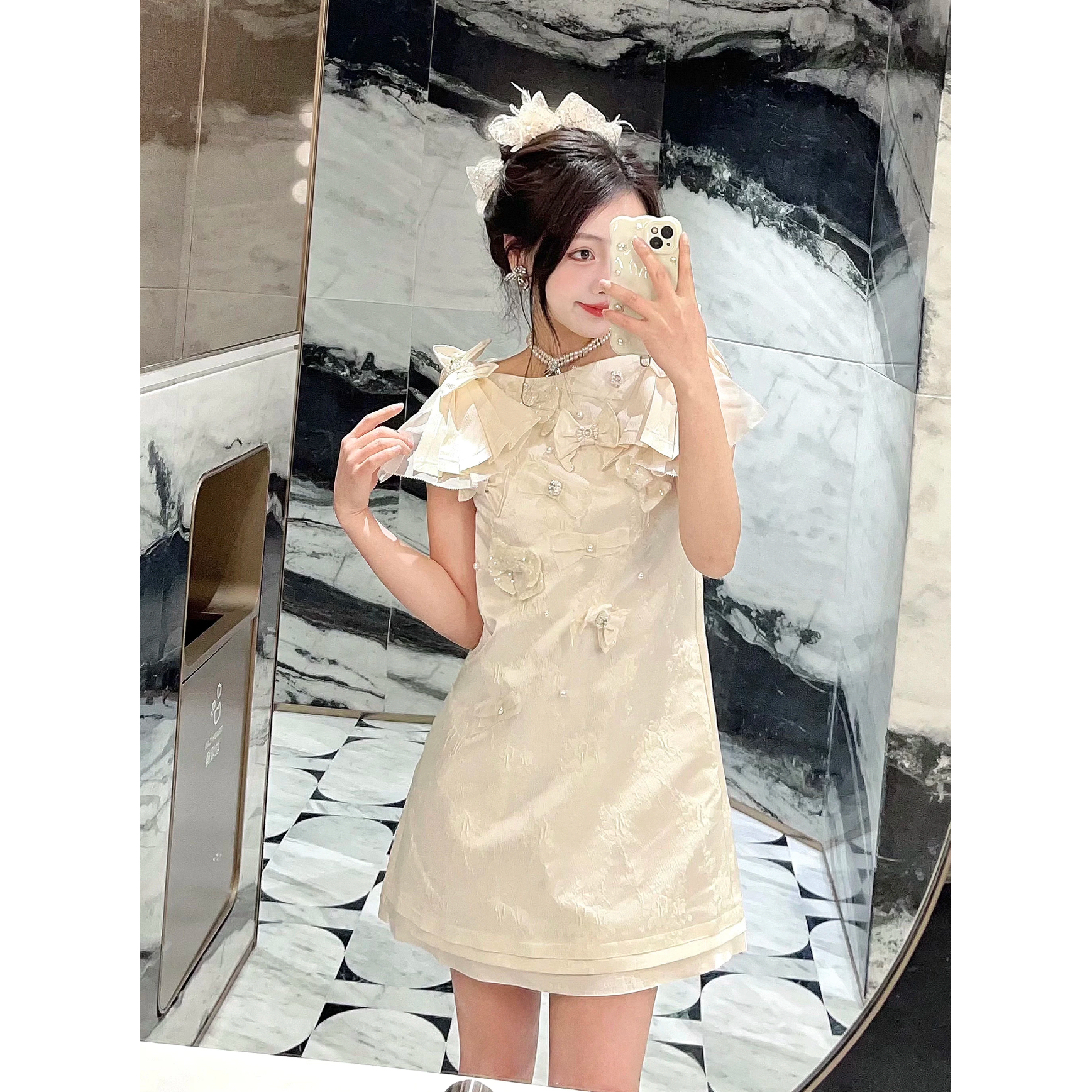 【DÉ MYSTÈRE】拉家夏季淡人穿搭蝴蝶结提花连衣裙短款GFC1060789