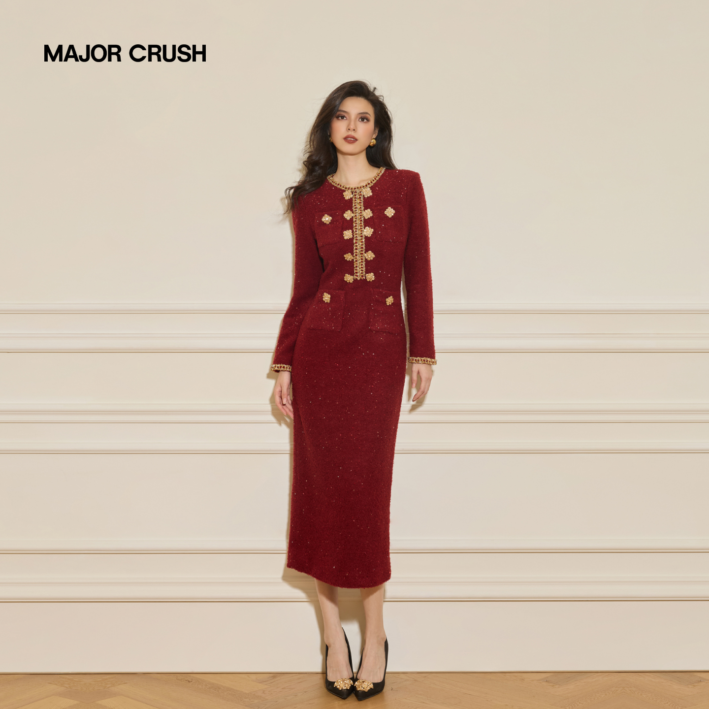 MAJOR CRUSH冬季新款玫瑰与月小香连衣裙高端修身红色包臀裙7762