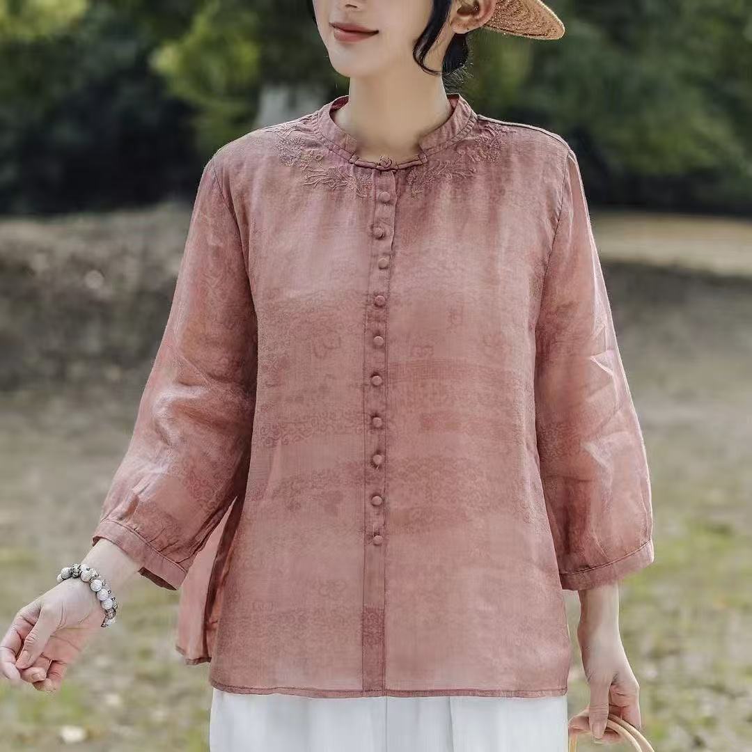 春夏款妈妈装苎麻透气小衫新款宽松百搭中年女薄款时尚七分袖上衣