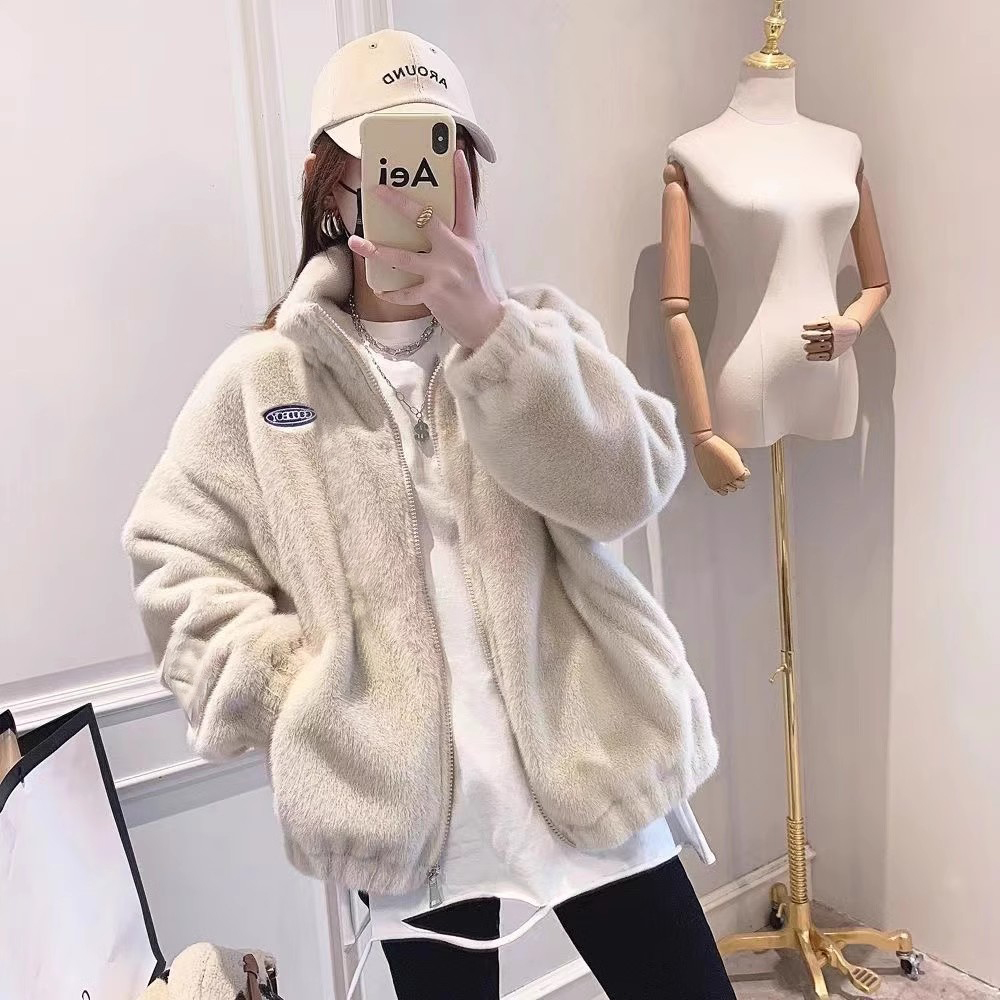 厂家-韩版新款加厚毛毛外套毛绒绒外套保暖棉服女秋冬宽松上衣