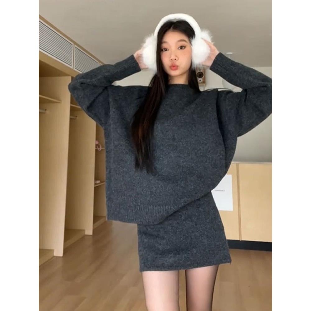 灰色针织套装连衣裙子女2025新款秋季韩系氛围穿搭一整套装短裙子