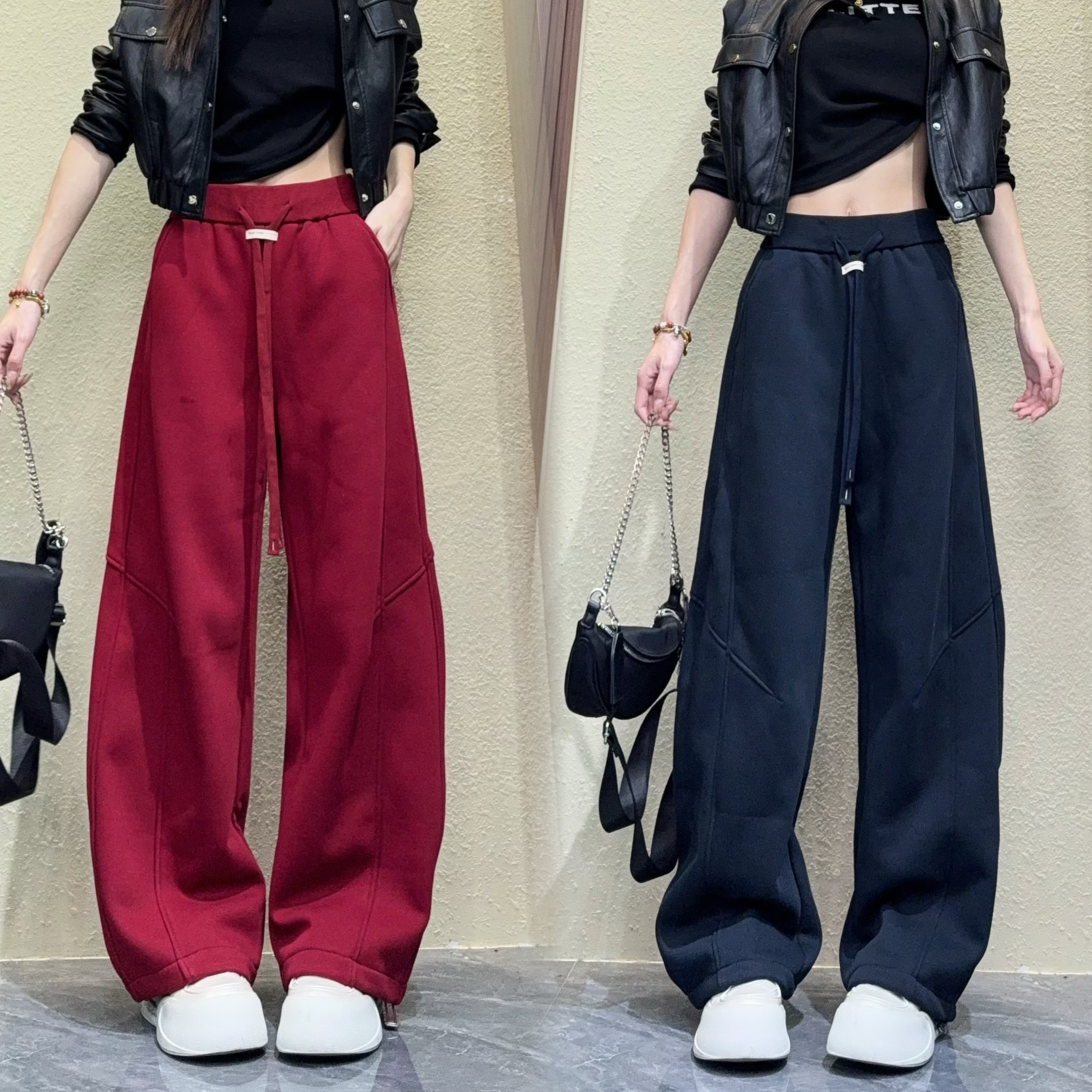 弯刀阔腿裤女春时尚高腰垂感宽松显瘦直筒休闲运动卫裤