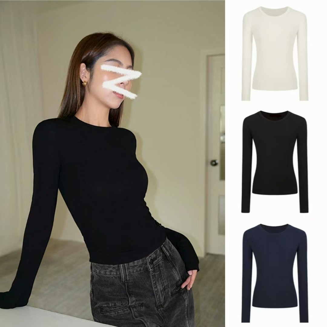 新款基础修身纯色正肩掐腰长袖T恤秋冬圆领运动上衣女显瘦打底衫