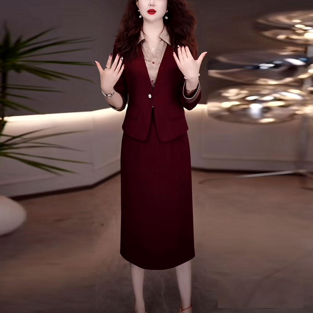 斜纹梭织精纺时尚洋气两件套连衣裙2025秋季新款喜婆婆婚宴礼服裙