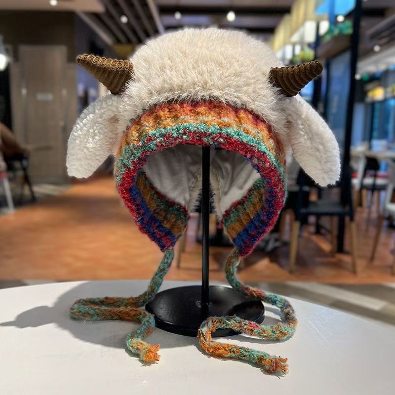 帽子女秋冬季韩版可爱小羊角毛绒帽带毛线帽网红套头帽针织帽