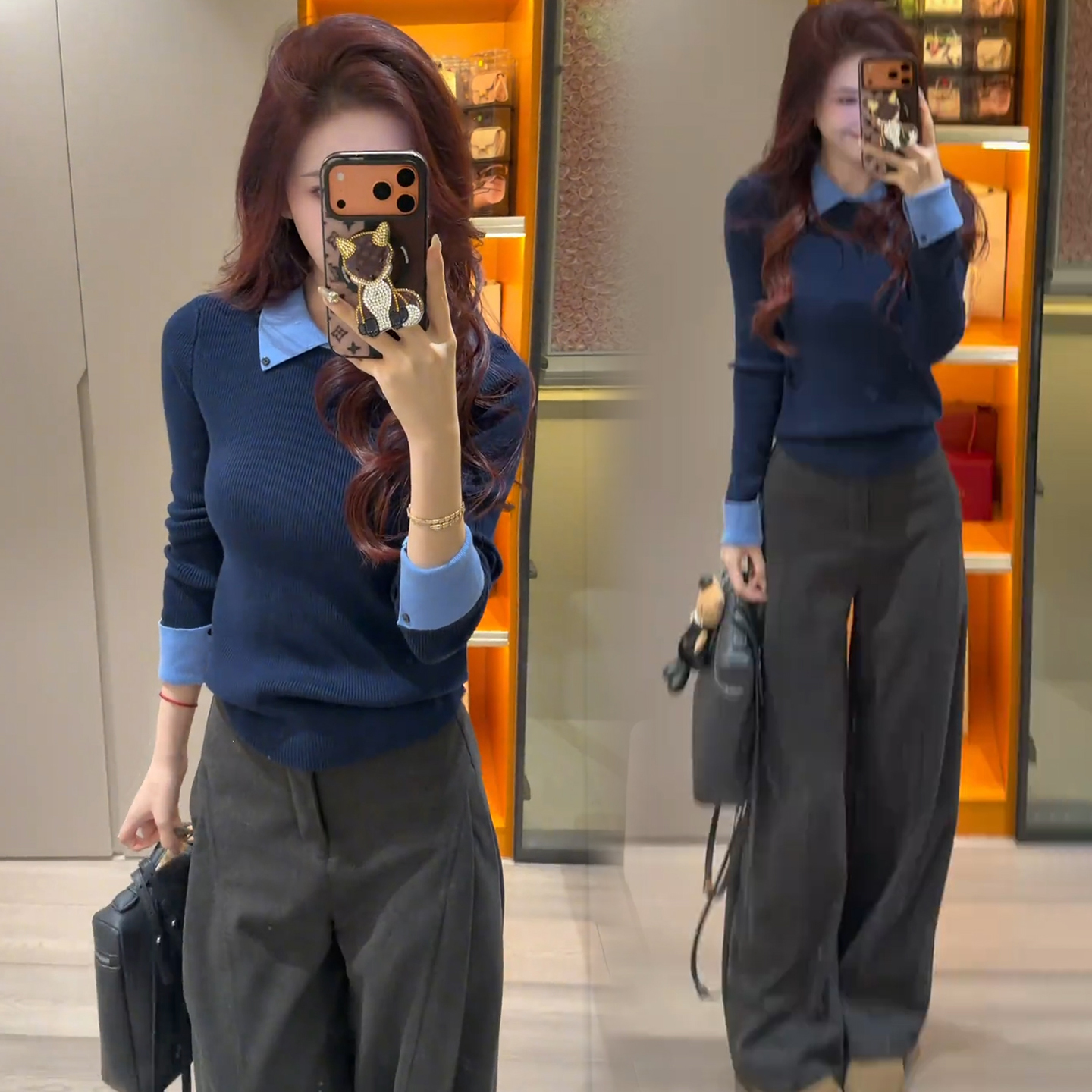 时尚翻领撞色拼接长袖针织衫秋装新款显瘦假两件毛衣打底百搭上衣