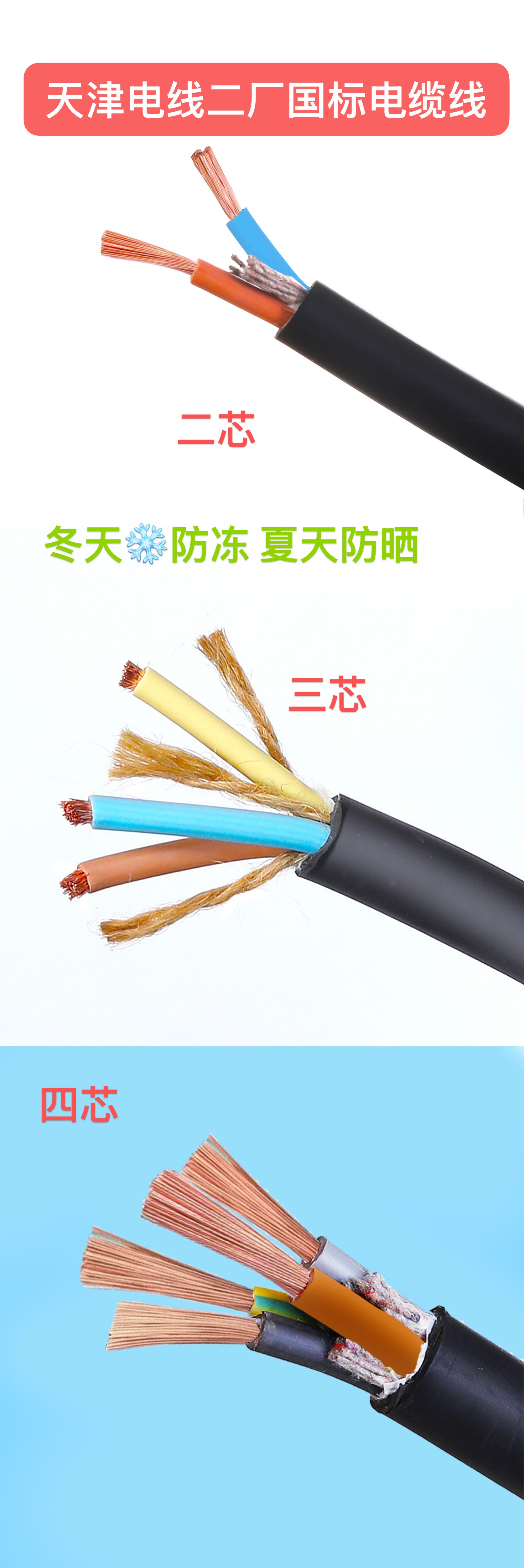 3X1平方国标纯铜电缆线户外防冻防水软电线