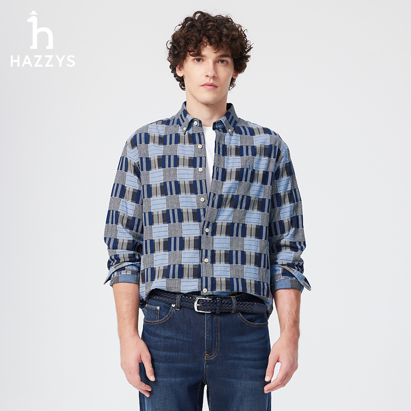 【商场同款】Hazzys哈吉斯男士春季格纹长袖衬衫时尚休闲格子衬衣