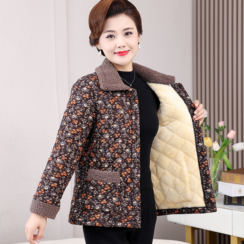 中老年女冬装外套加绒棉袄妈妈冬季加厚棉服老人女装翻领碎花棉衣