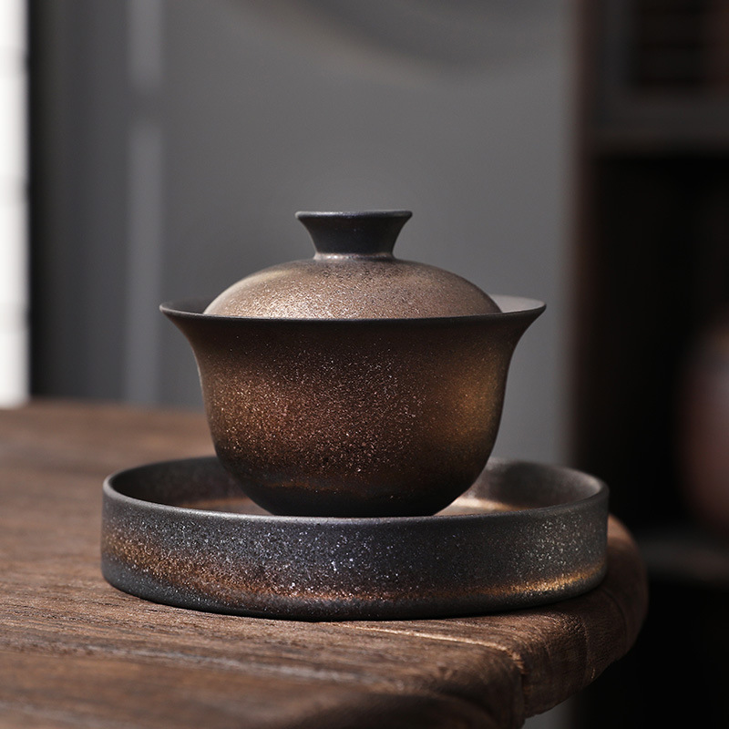 仿柴烧盖碗茶杯复古老岩泥三才茶碗功夫茶具配件