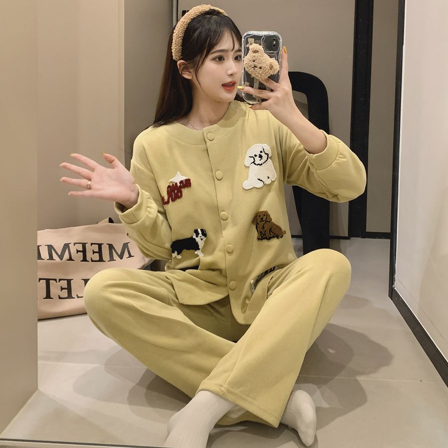 秋冬款慵懒风长袖睡衣卡通可爱开衫长裤女羊绒外穿保暖家居服套装