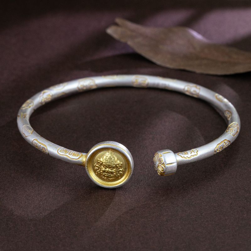 足银银制品 黄财神吉言手镯女轻奢国风高级感新中式描开口手镯