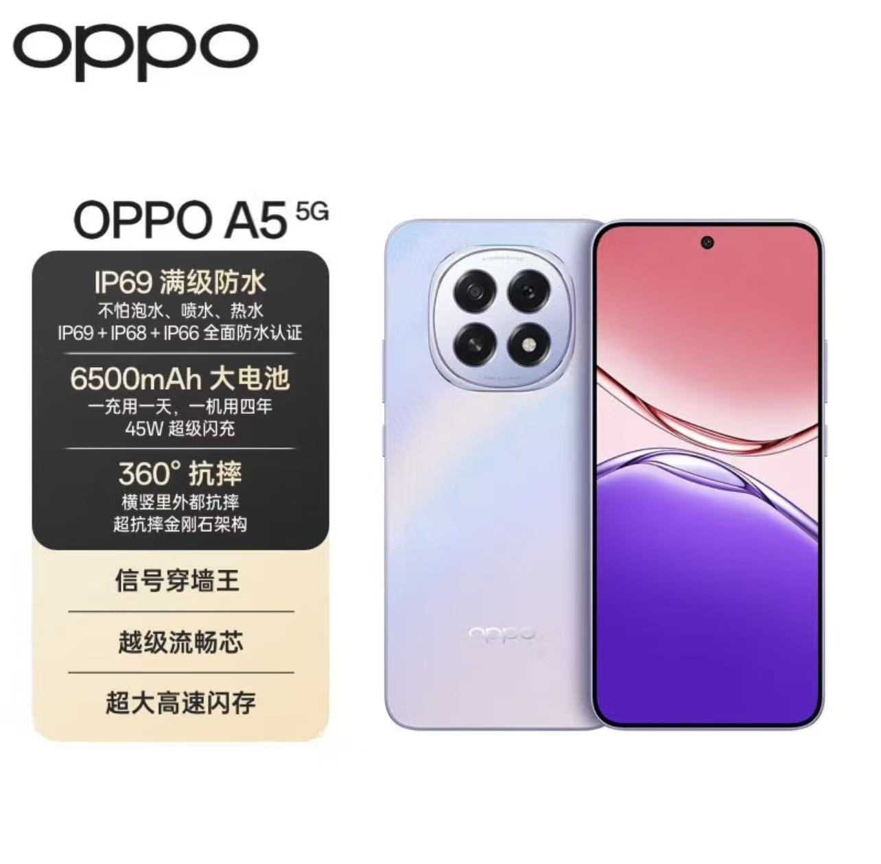 准新品 OPPO A5 IP69满级防水 360°抗摔 6500耐用电池 5 二手严选