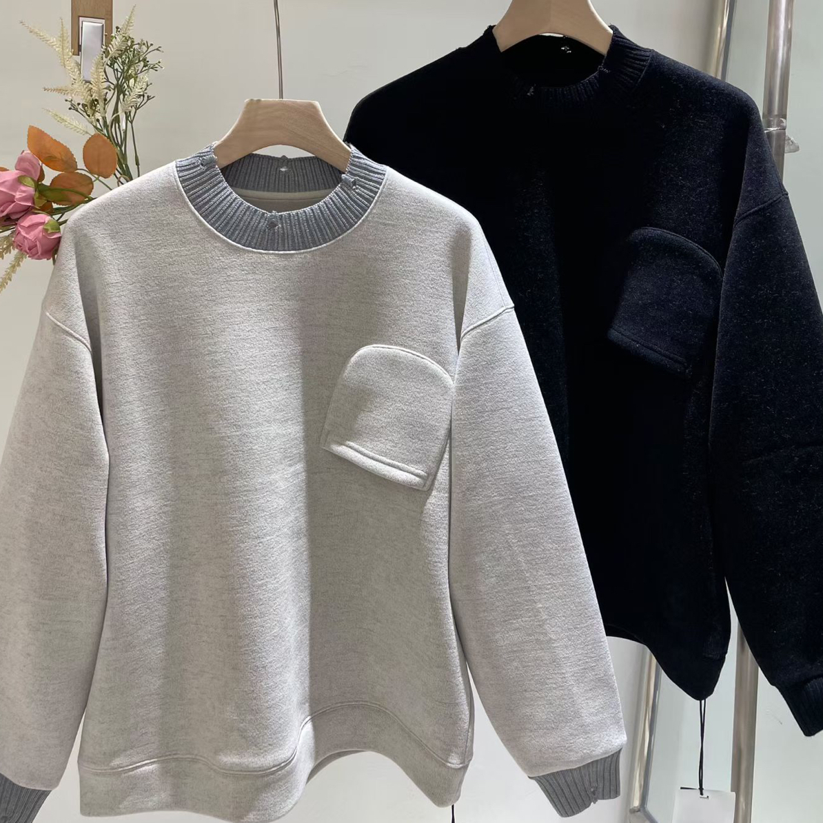 【M7566男士拼接加奥粒绒圆领卫衣】秋冬新款耐磨潮流卫衣加绒加厚