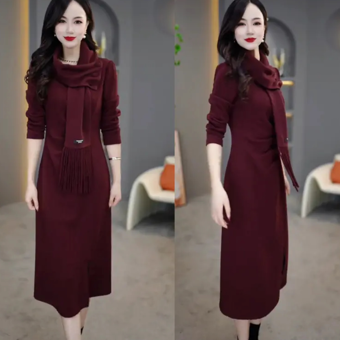 2488#【裙长103】秋冬新款气质韩版显瘦百搭收腰过膝连衣裙